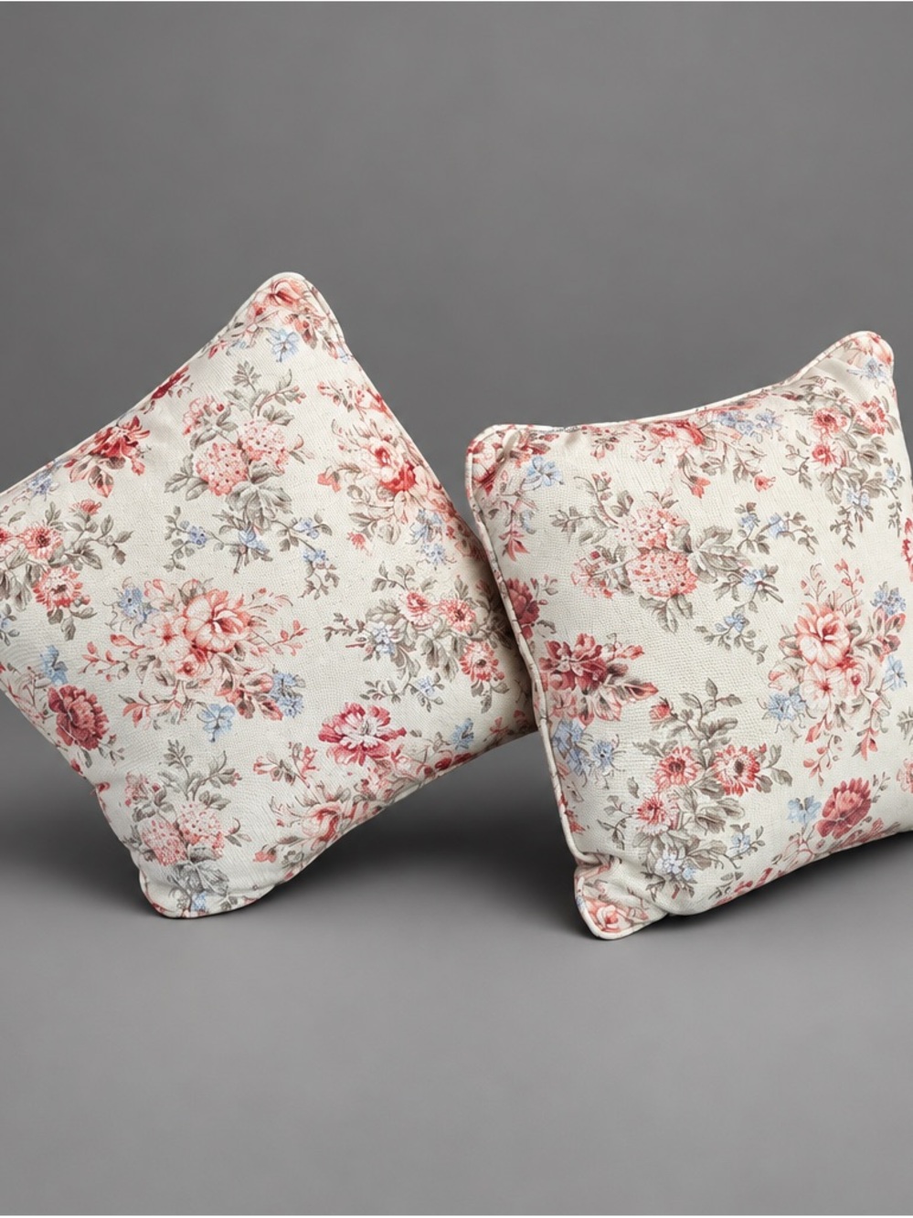 Ralph Lauren Cream Floral Throw Pillow Pair with Pink and Blue Accents